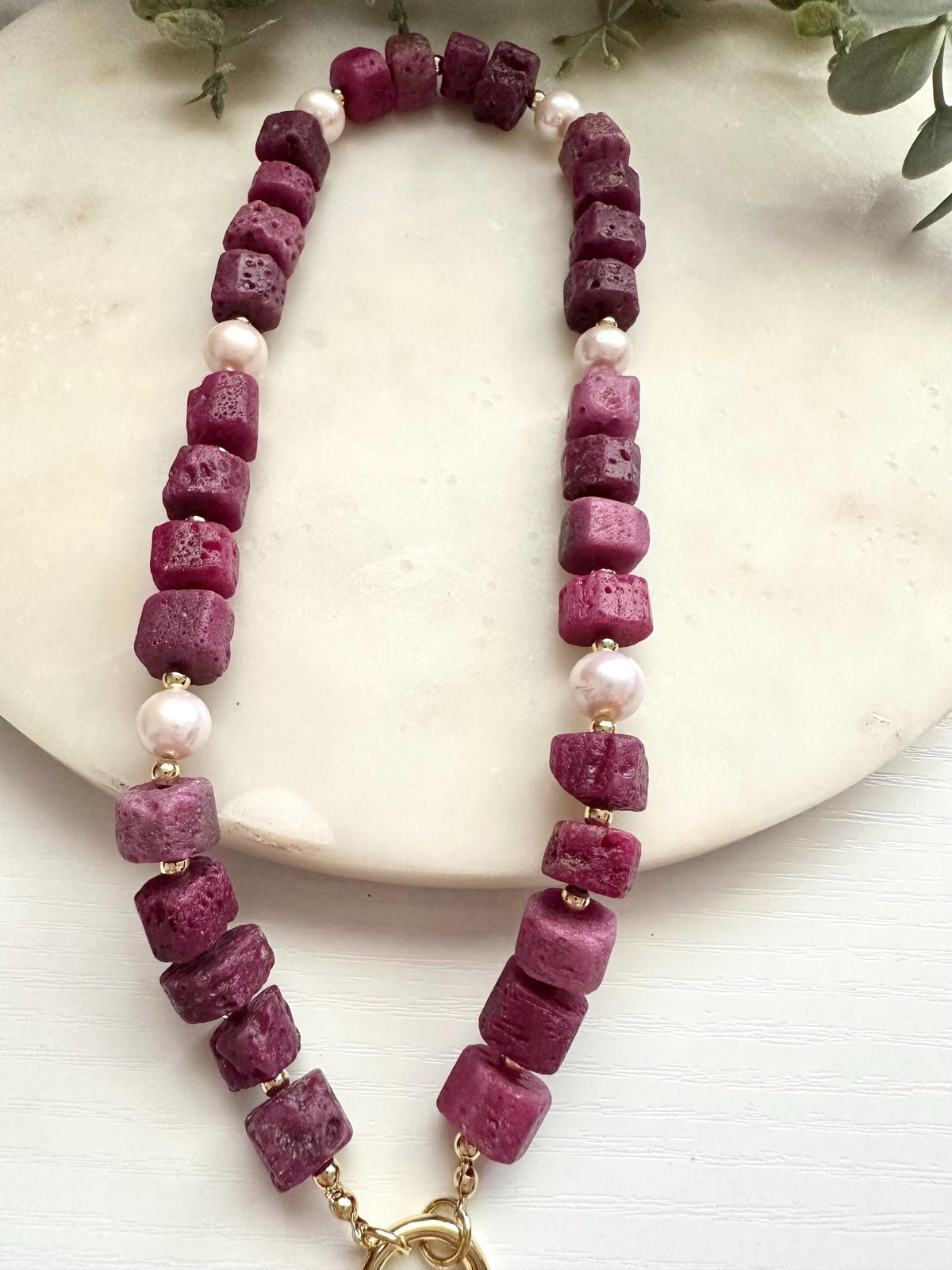 Raw Ruby & Edison Pearl Necklace with Baroque Pearl Pendant | Gold Filled Statement Necklace