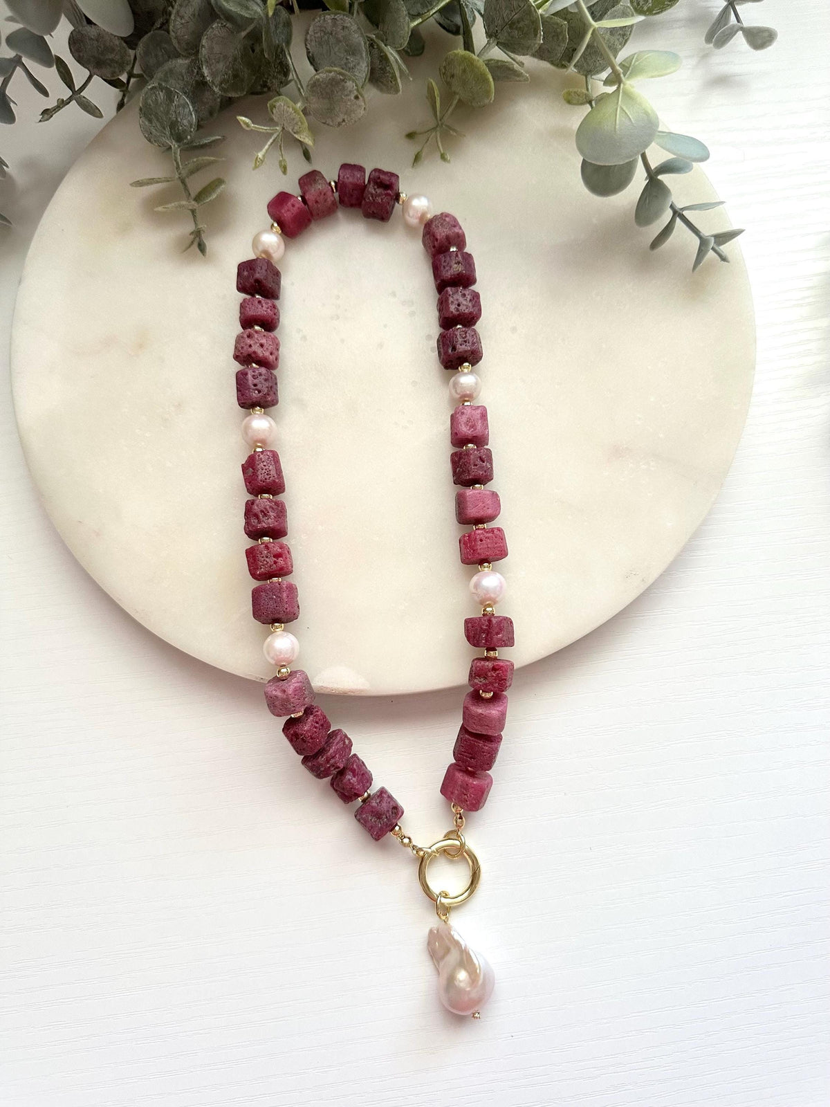 Raw Ruby & Edison Pearl Necklace with Baroque Pearl Pendant | Gold Filled Statement Necklace