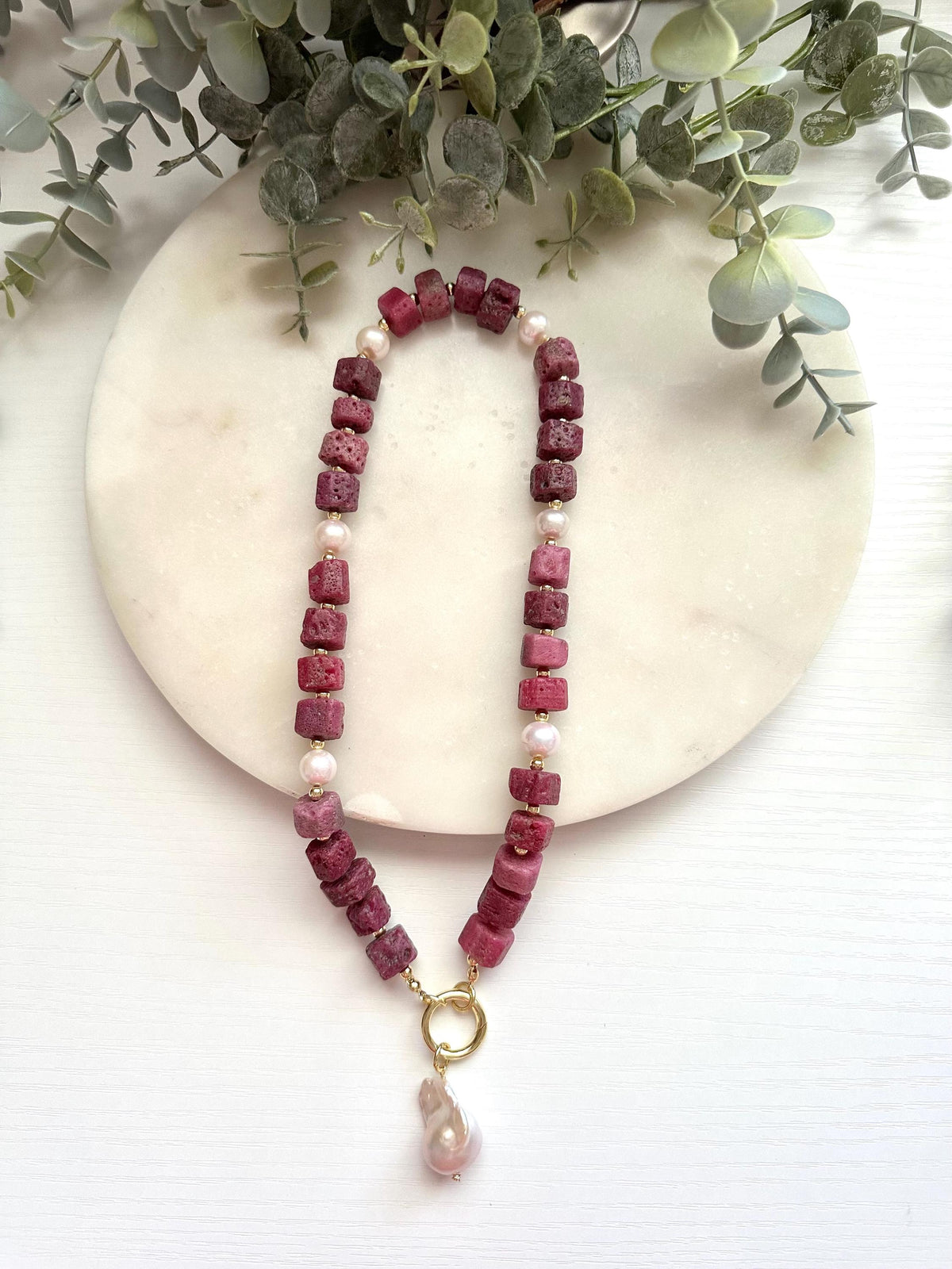 Raw Ruby & Edison Pearl Necklace with Baroque Pearl Pendant | Gold Filled Statement Necklace