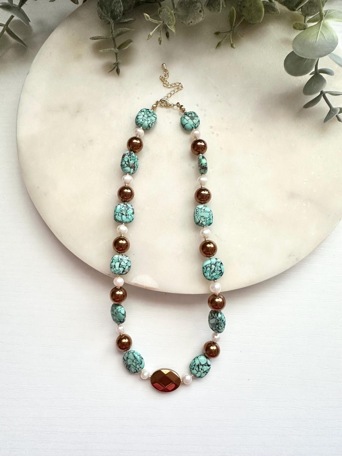 Reconstituted Turquoise, Pearl & Bronze Hematite Necklace | Gold Filled Gemstone Necklace