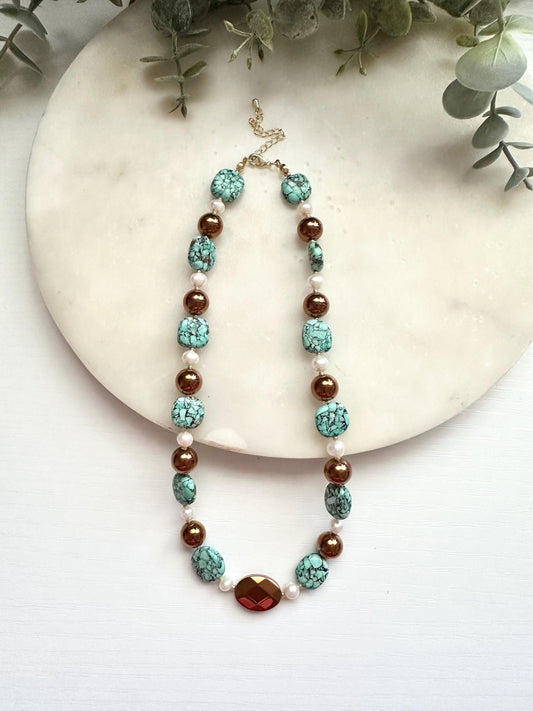 Reconstituted Turquoise, Pearl & Bronze Hematite Necklace | Gold Filled Gemstone Necklace