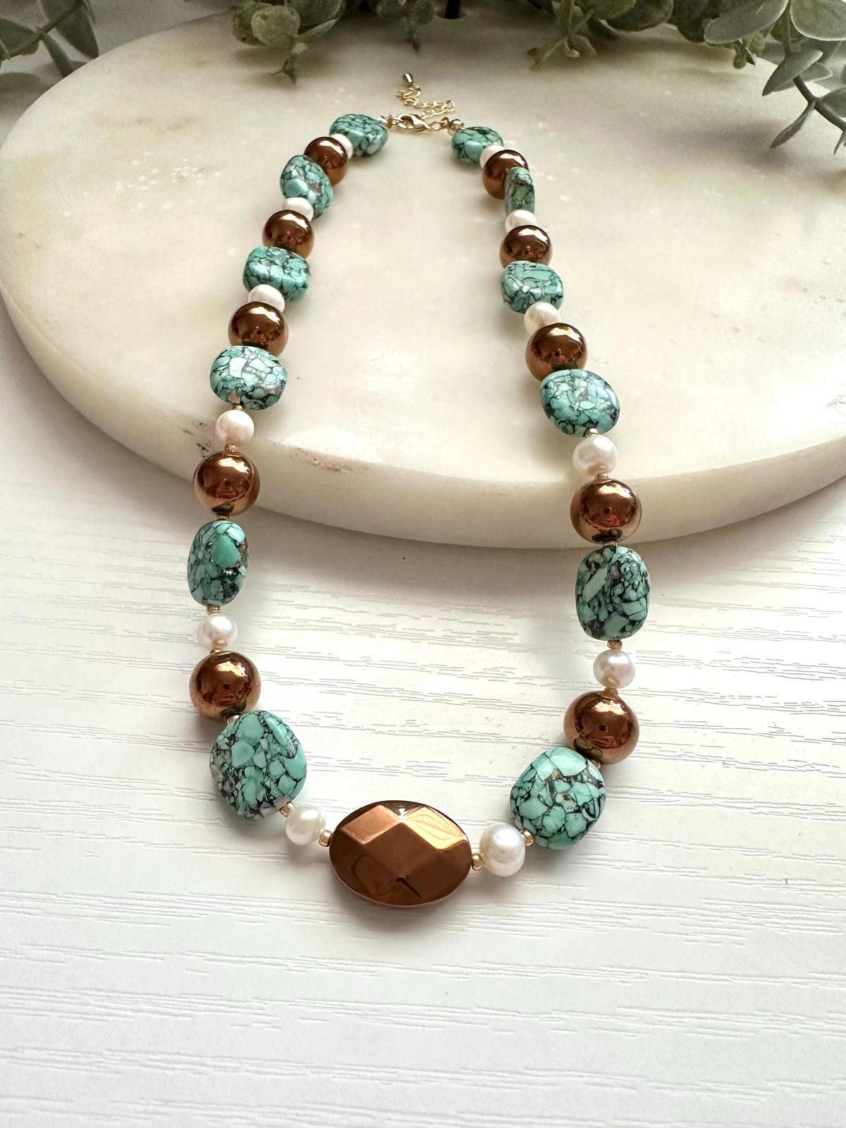 Reconstituted Turquoise, Pearl & Bronze Hematite Necklace | Gold Filled Gemstone Necklace