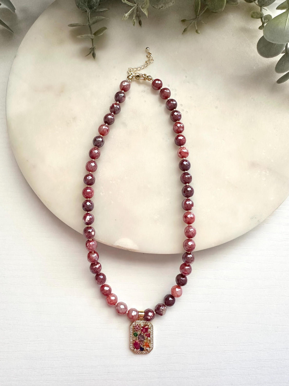 Mystic Red Fire Agate Necklace with Multicolor CZ Pendant | Gold Filled Gemstone Necklace