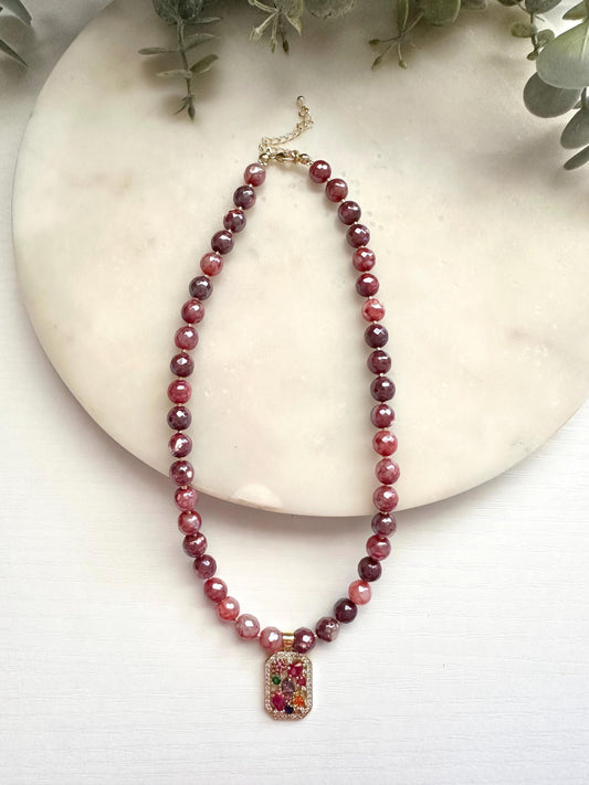 Mystic Red Fire Agate Necklace with Multicolor CZ Pendant | Gold Filled Gemstone Necklace
