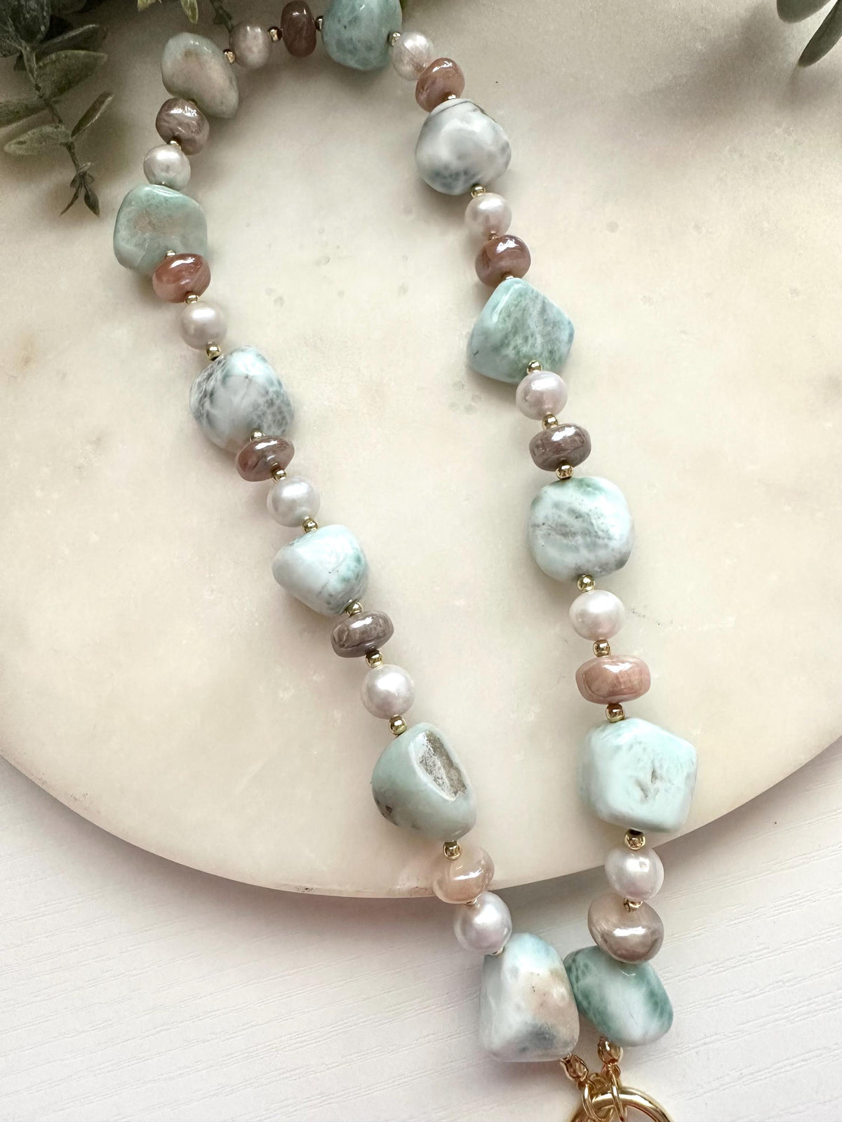 Larimar, Peach Moonstone & Freshwater Pearl Necklace with Druzy Pendant | Gold Filled Statement Necklace