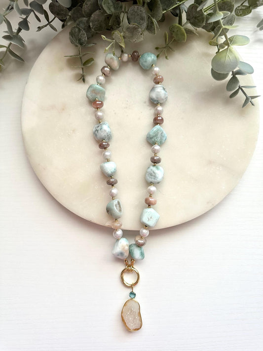 Larimar, Peach Moonstone & Freshwater Pearl Necklace with Druzy Pendant | Gold Filled Statement Necklace