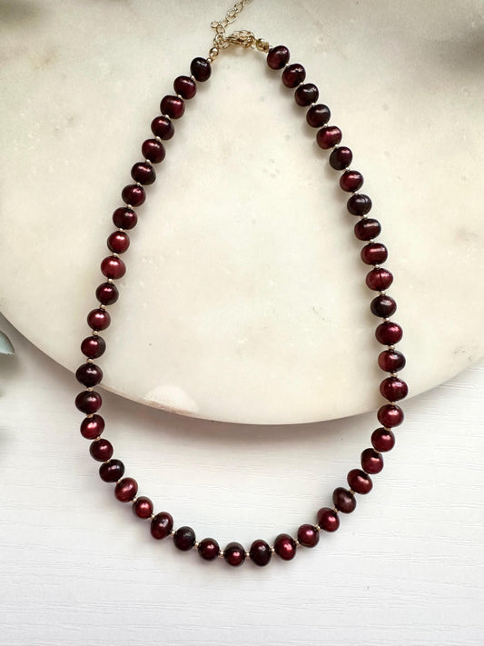 Cranberry Red Freshwater Pearl Necklace | 7mm Dyed Pearl Necklace | Gold Filled Jewelry