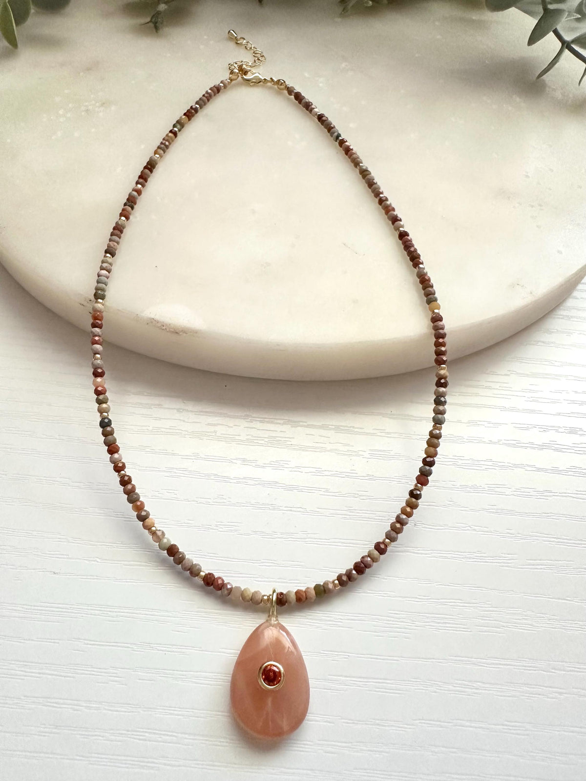 Alashan Agate Necklace with Peach Moonstone Pendant | Dainty Gold Filled Gemstone Necklace