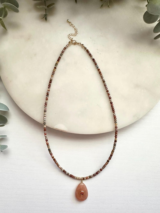Alashan Agate Necklace with Peach Moonstone Pendant | Dainty Gold Filled Gemstone Necklace