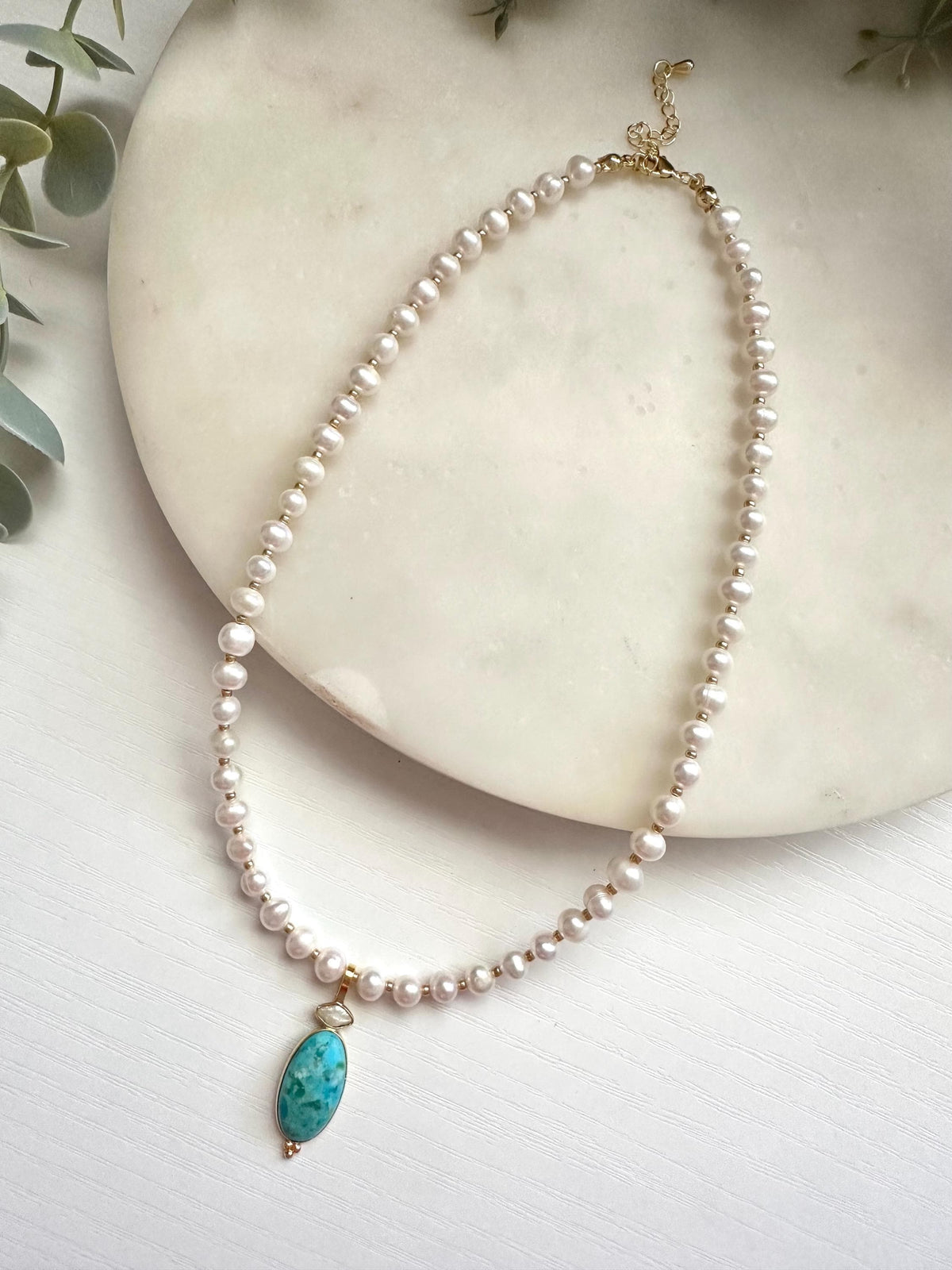 Kingman Turquoise & Freshwater Pearl Necklace | Gold Filled Pearl Gemstone Necklace
