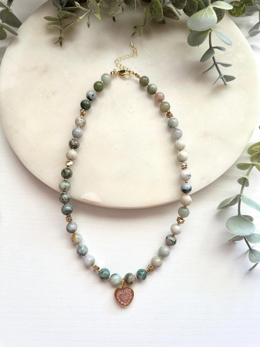 Natural Jadeite & Peach Moonstone Heart Necklace | Gold Filled Gemstone Necklace