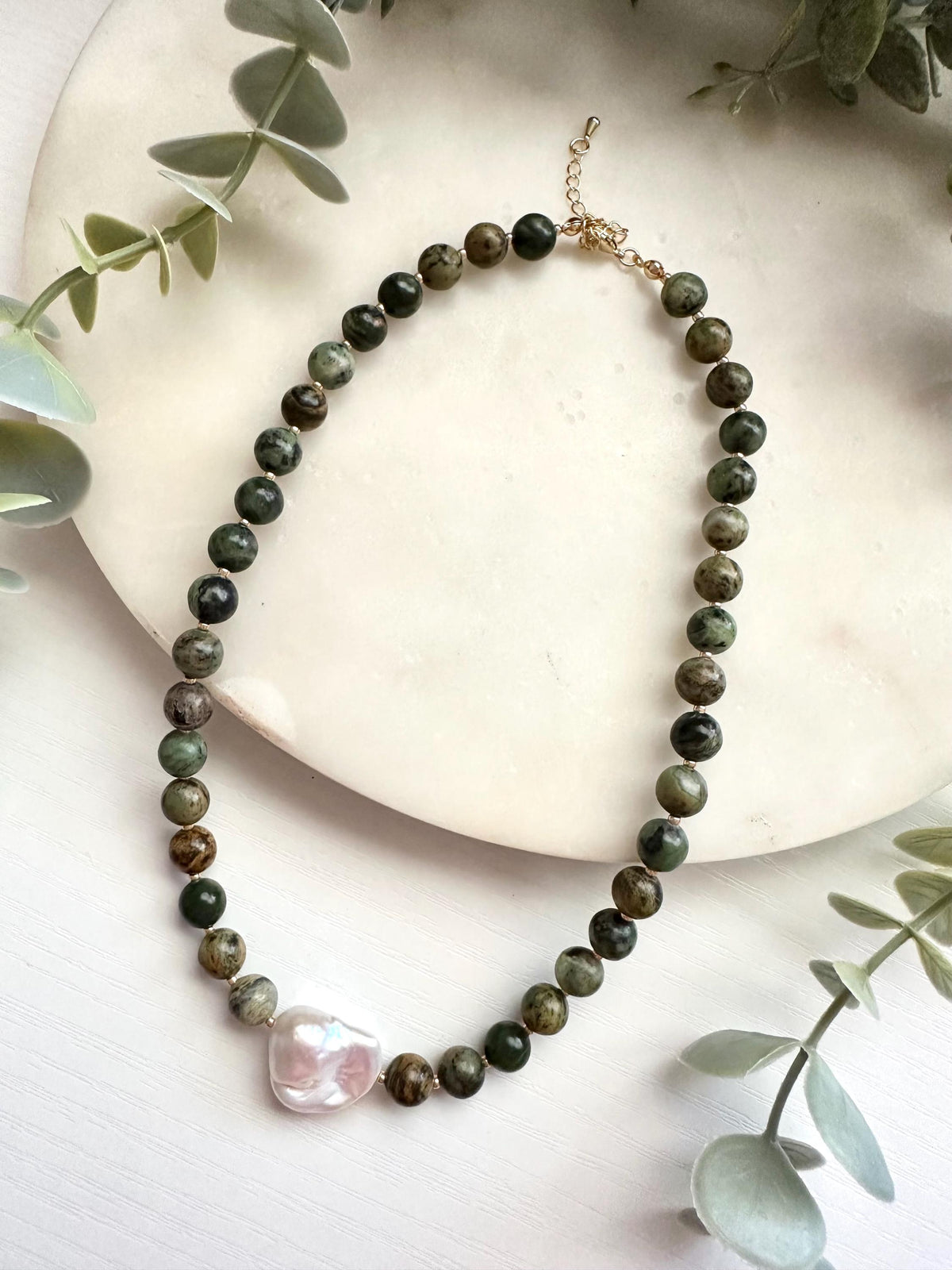 African Turquoise Jasper & Baroque Pearl Necklace | Gold Filled Gemstone Necklace