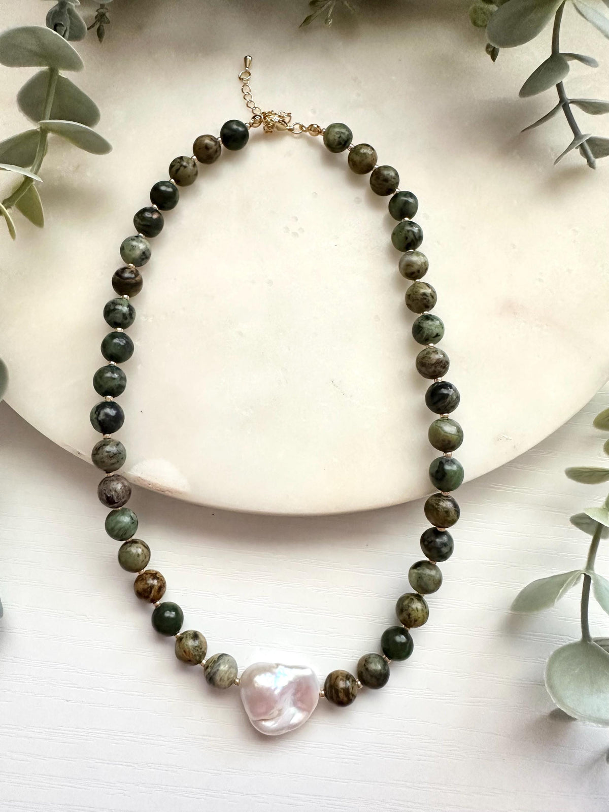 African Turquoise Jasper & Baroque Pearl Necklace | Gold Filled Gemstone Necklace