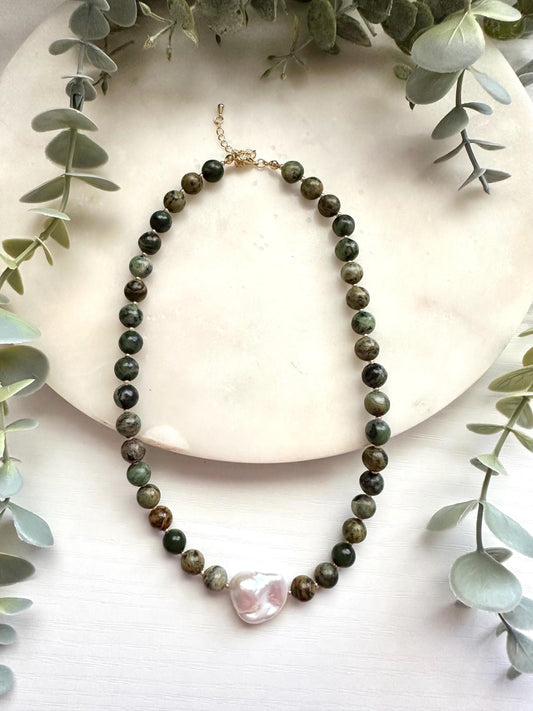 African Turquoise Jasper & Baroque Pearl Necklace | Gold Filled Gemstone Necklace