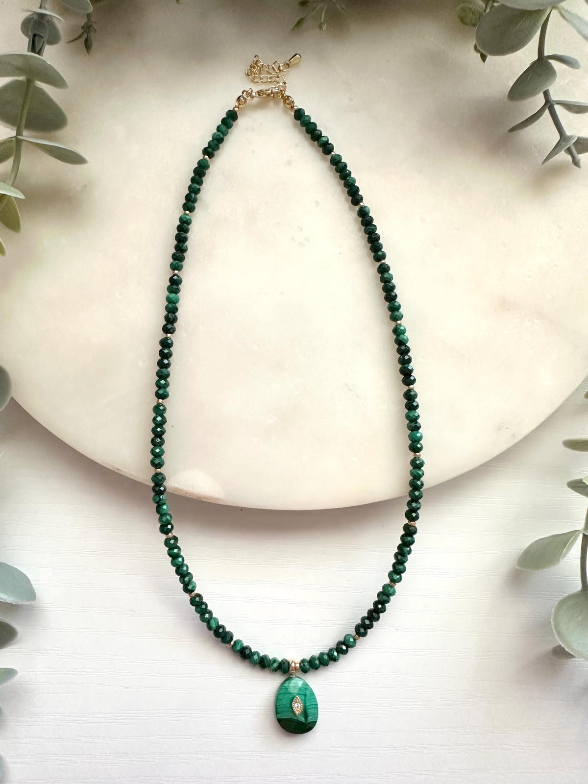 Malachite Necklace with CZ Inlay Pendant | Dainty Gold Filled Green Gemstone Necklace