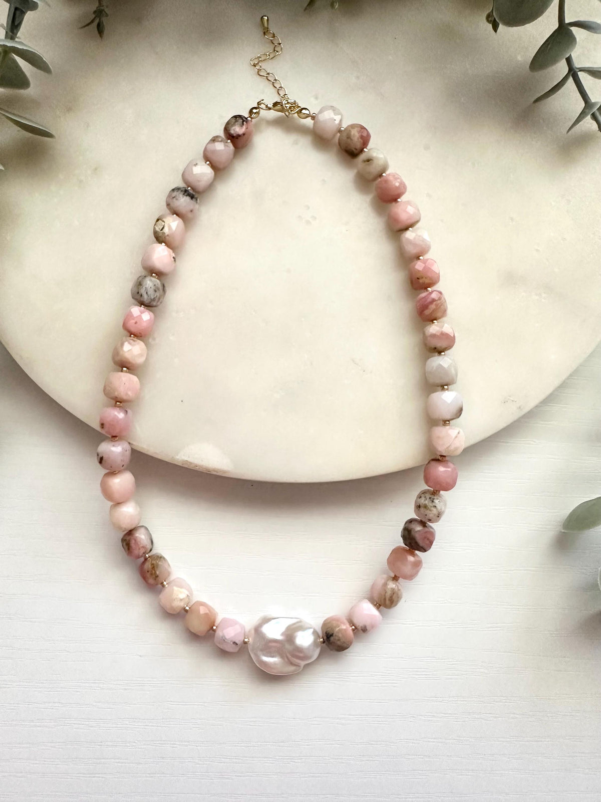 Pink Opal & Baroque Pearl Necklace | Gold Filled Blush Gemstone Necklace