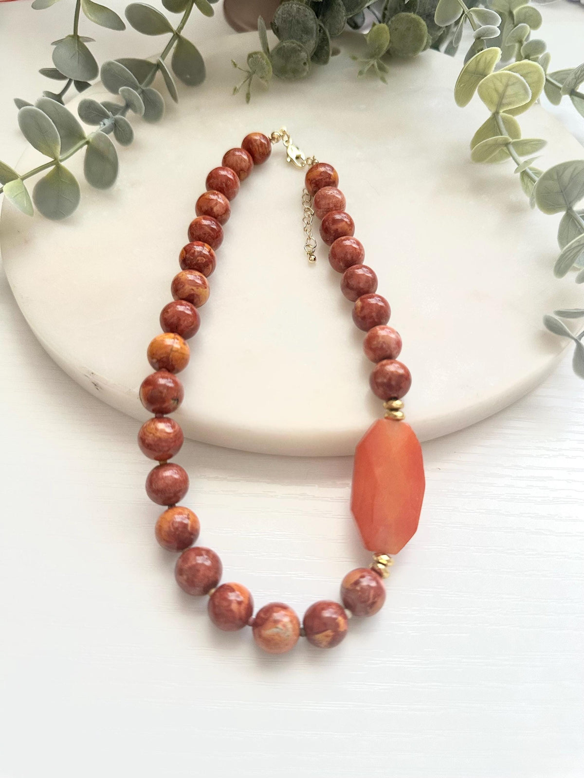 Red Orange Jasper Necklace with Orange Agate Focal | Gold Filled Gemstone Necklace