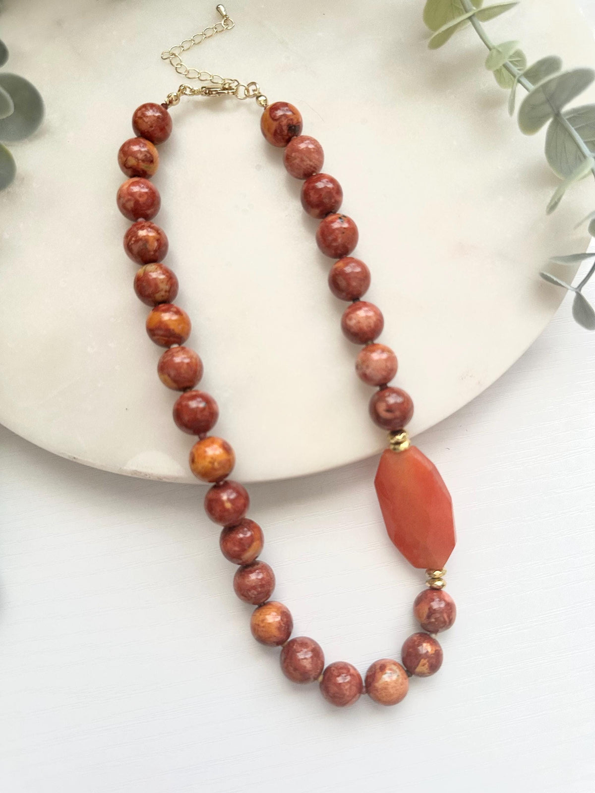 Red Orange Jasper Necklace with Orange Agate Focal | Gold Filled Gemstone Necklace