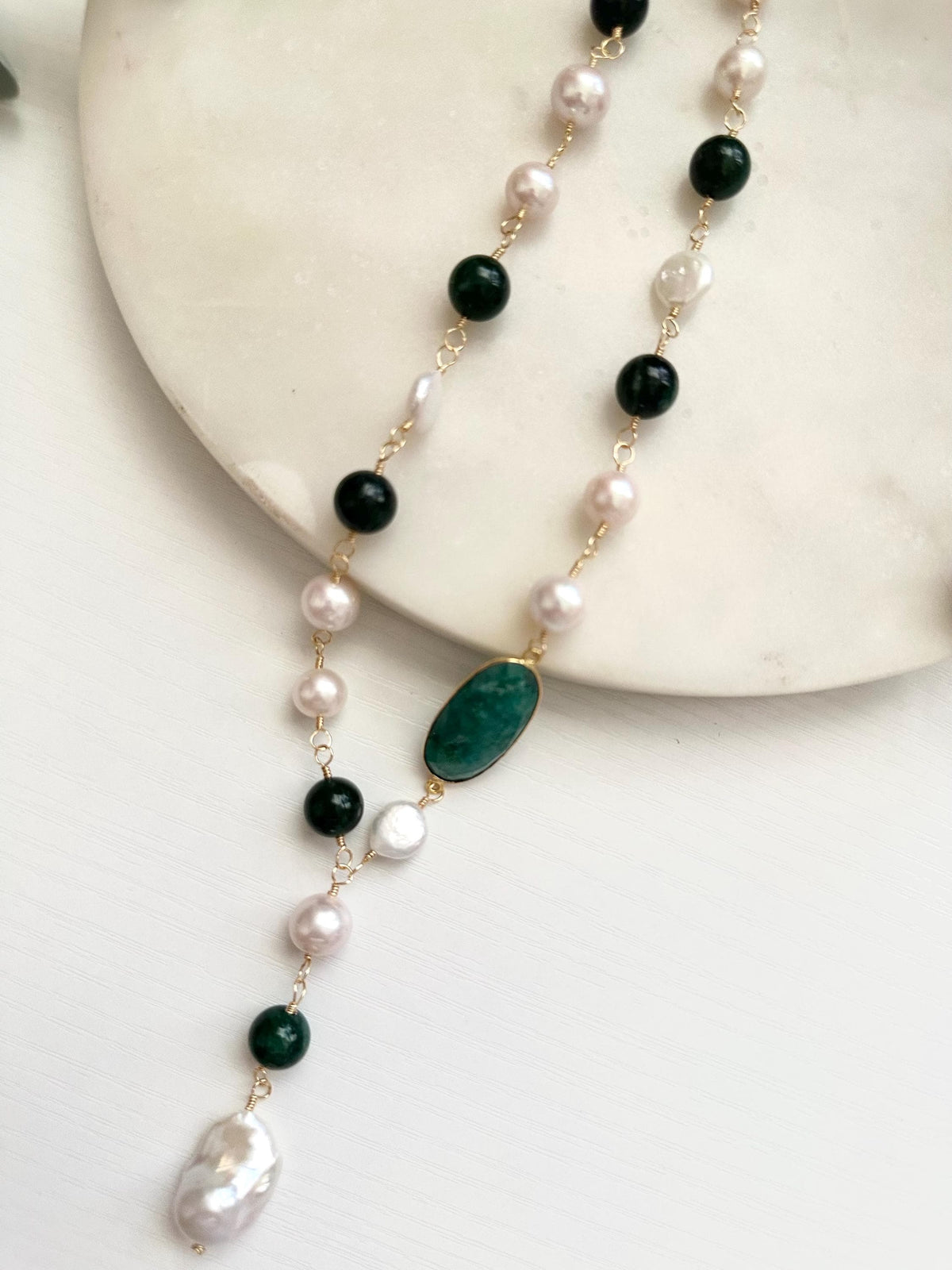 Emerald & Edison Pearl Lariat Necklace | Gold Filled Green Gemstone Y Necklace