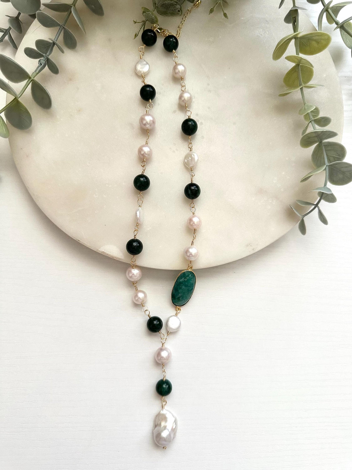 Emerald & Edison Pearl Lariat Necklace | Gold Filled Green Gemstone Y Necklace