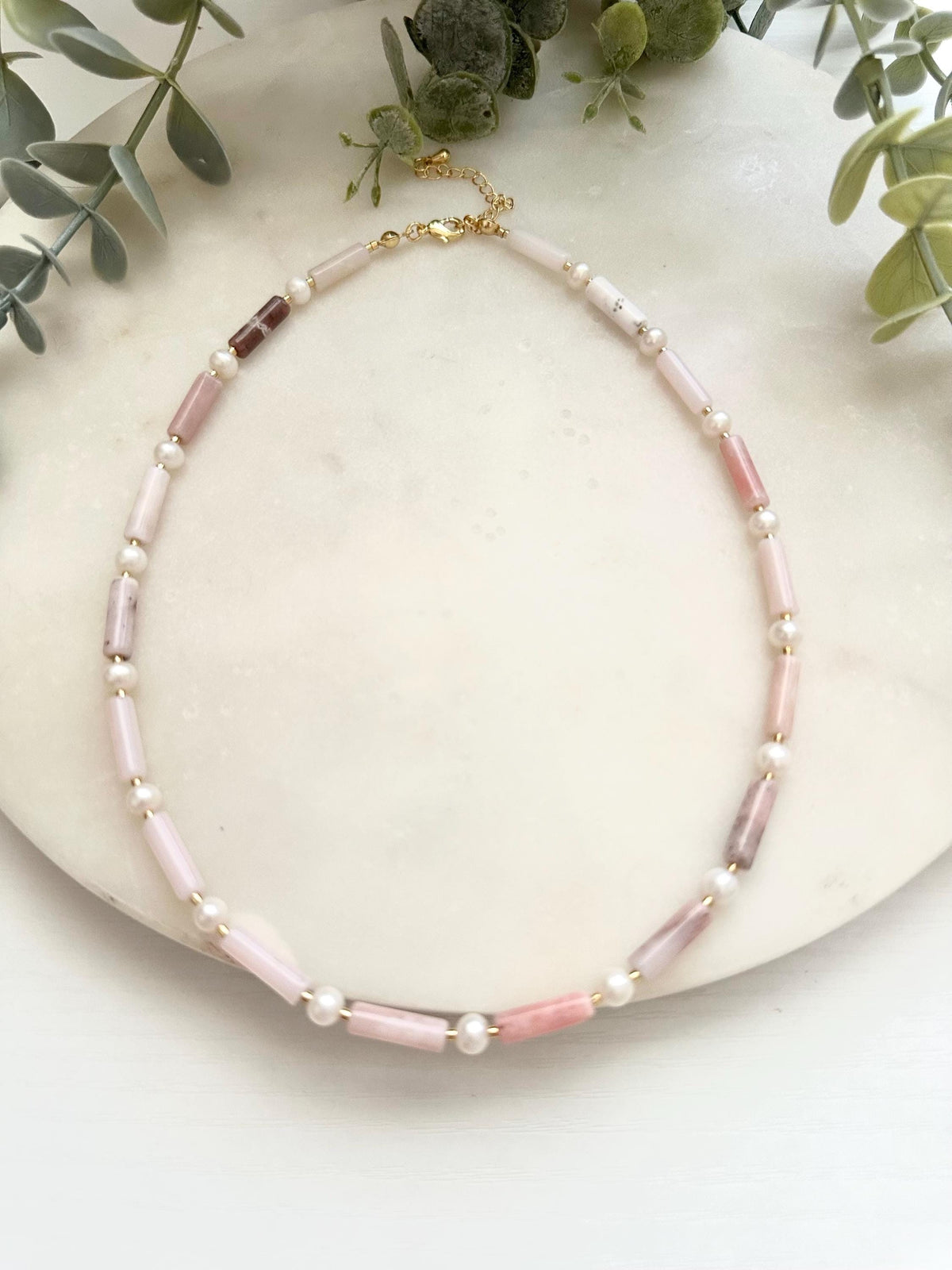 Pink Opal & Freshwater Pearl Necklace | Gold Filled Blush Gemstone Necklace