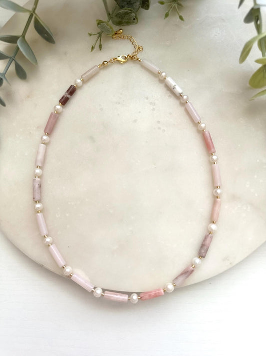 Pink Opal & Freshwater Pearl Necklace | Gold Filled Blush Gemstone Necklace