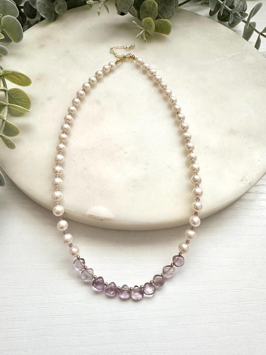 Freshwater Pearl & Pink Amethyst Necklace | Gold Filled Lavender Gemstone Necklace