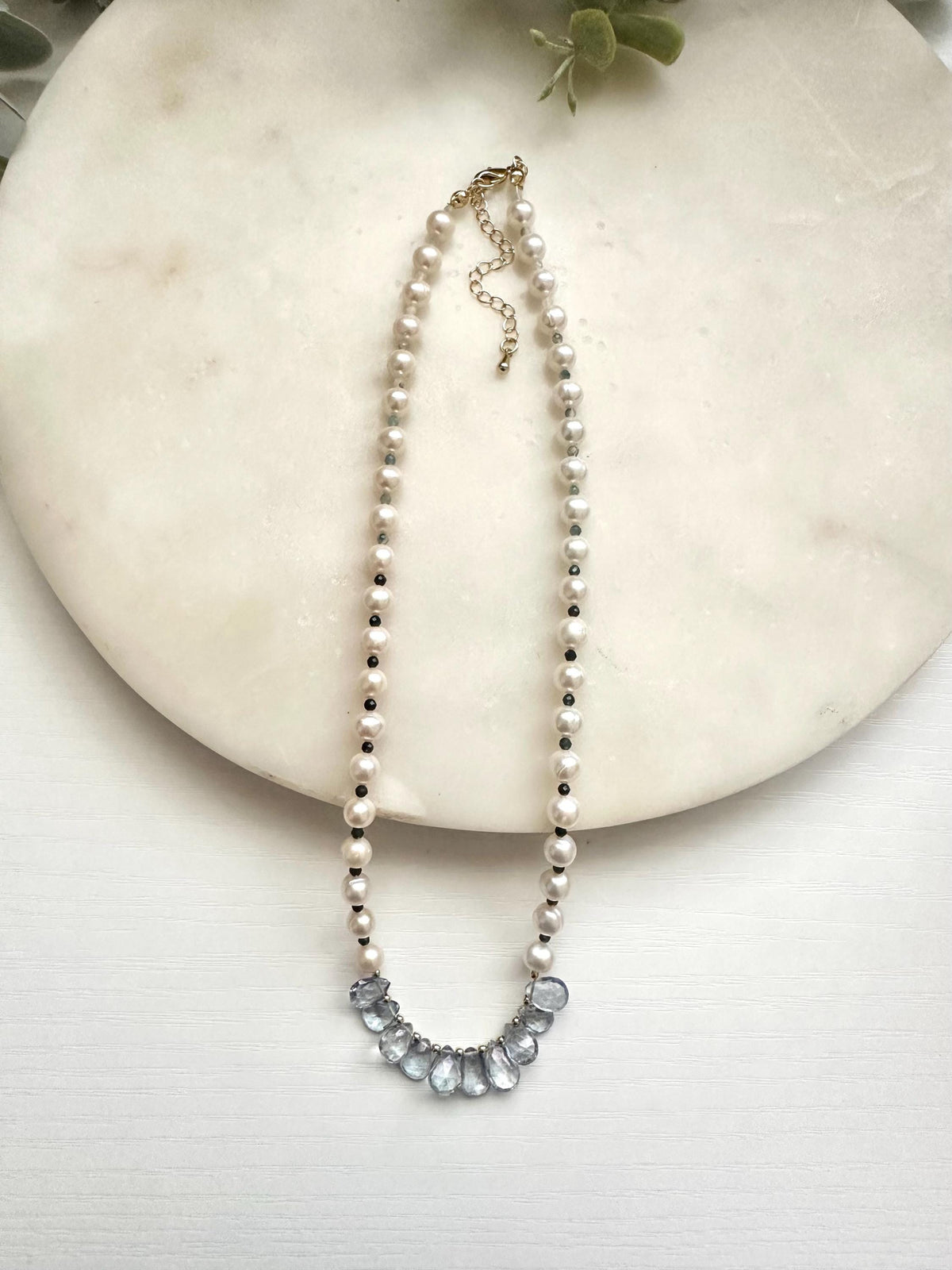 Freshwater Pearl & Blue Quartz Necklace | Aquamarine Accents | Gold Filled Gemstone Necklace