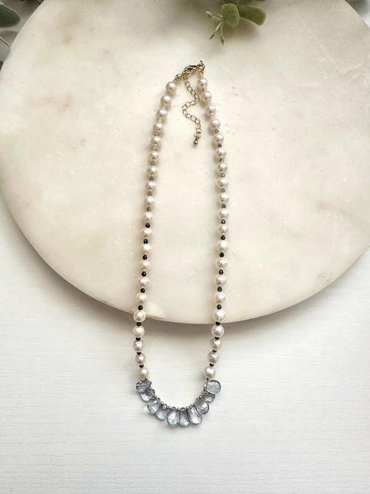 Freshwater Pearl & Blue Quartz Necklace | Aquamarine Accents | Gold Filled Gemstone Necklace