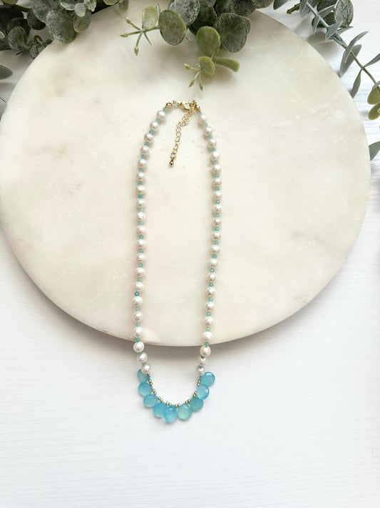 Freshwater Pearl, Amazonite & Aqua Chalcedony Necklace | Gold Filled Blue Gemstone Necklace