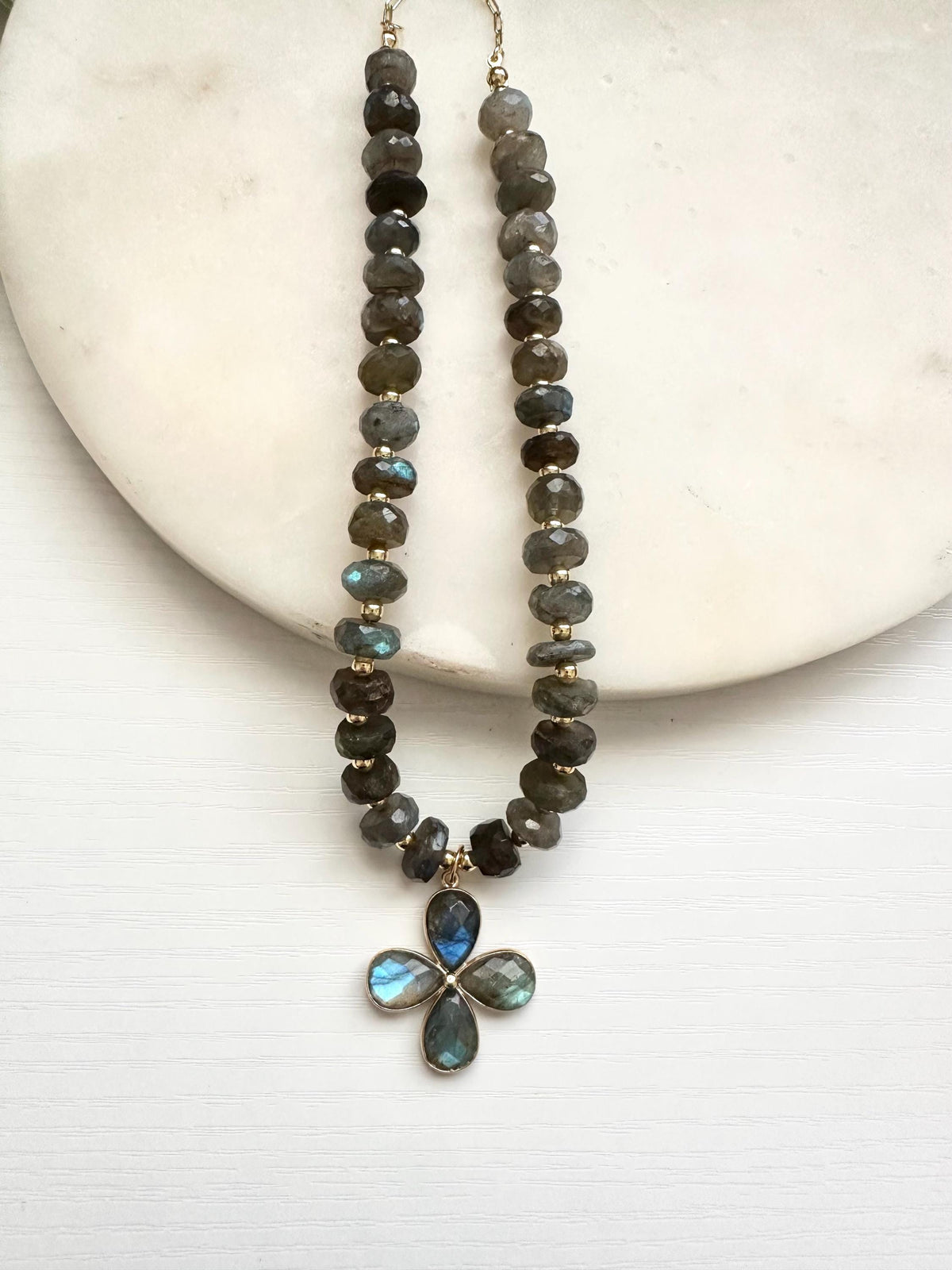 Labradorite Flower Necklace | Faceted Labradorite & Gold Filled Paperclip Chain Necklace