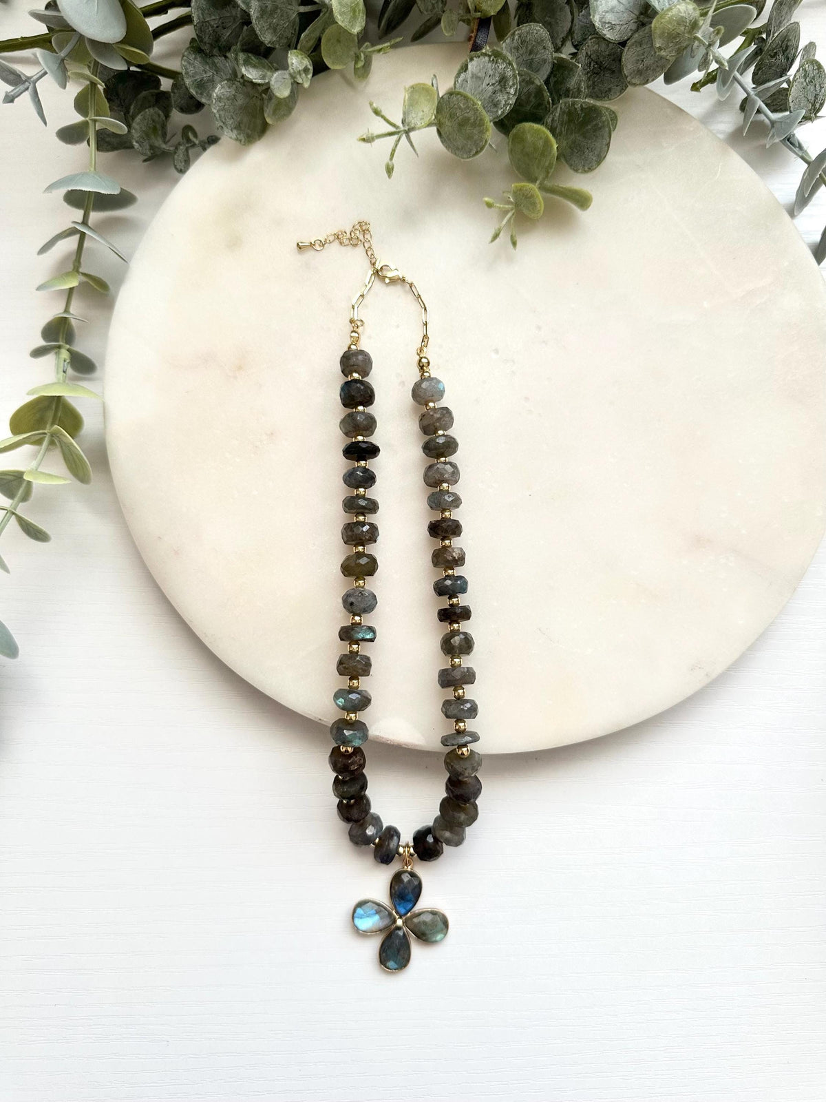 Labradorite Flower Necklace | Faceted Labradorite & Gold Filled Paperclip Chain Necklace