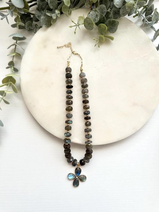 Labradorite Flower Necklace | Faceted Labradorite & Gold Filled Paperclip Chain Necklace