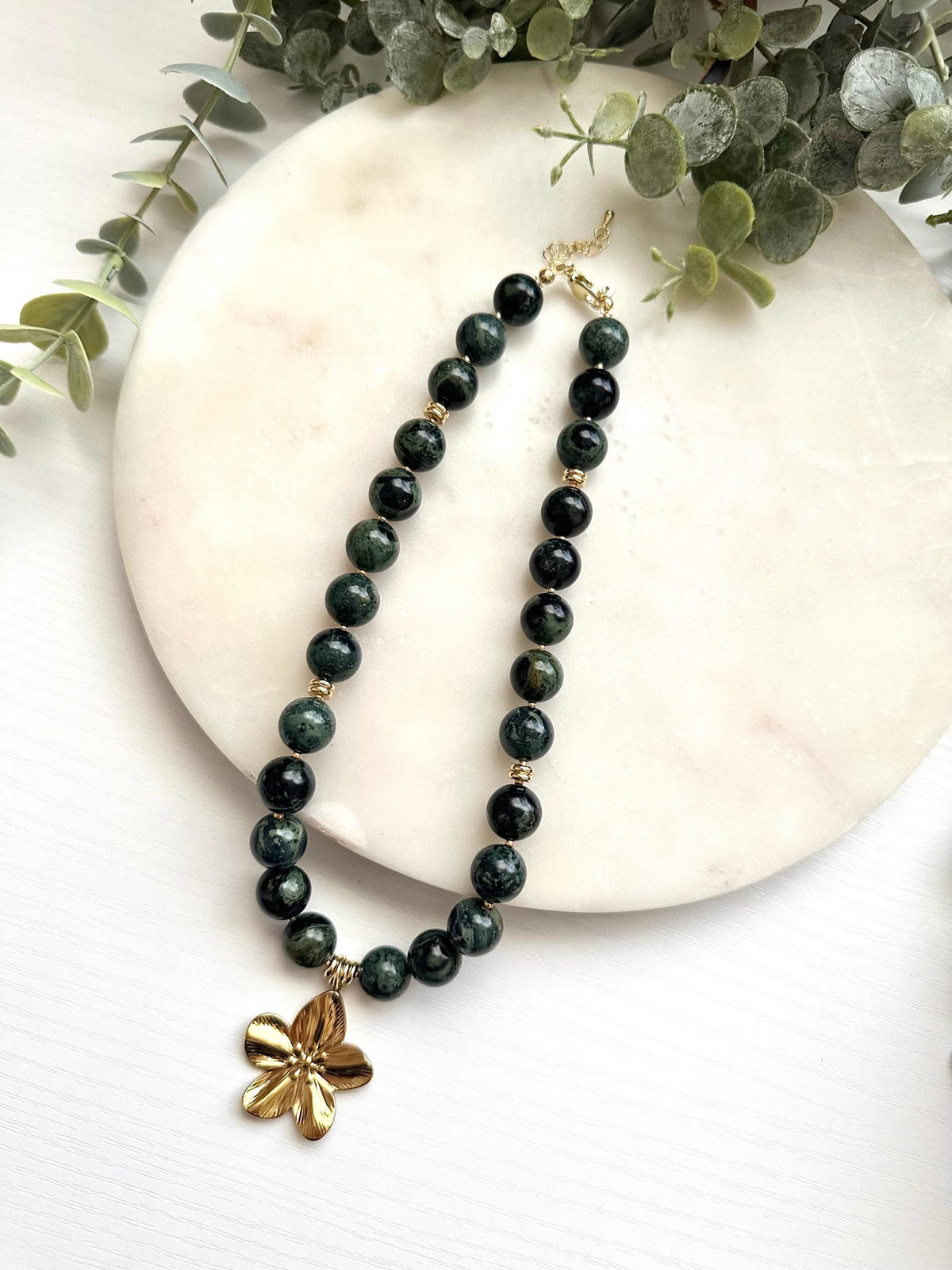 Kambaba Jasper Flower Necklace | Green Gemstone Necklace | Gold Filled Jewelry