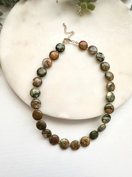 Rhyolite Coin Necklace | 14mm Natural Gemstone Necklace | Gold Filled Jewelry