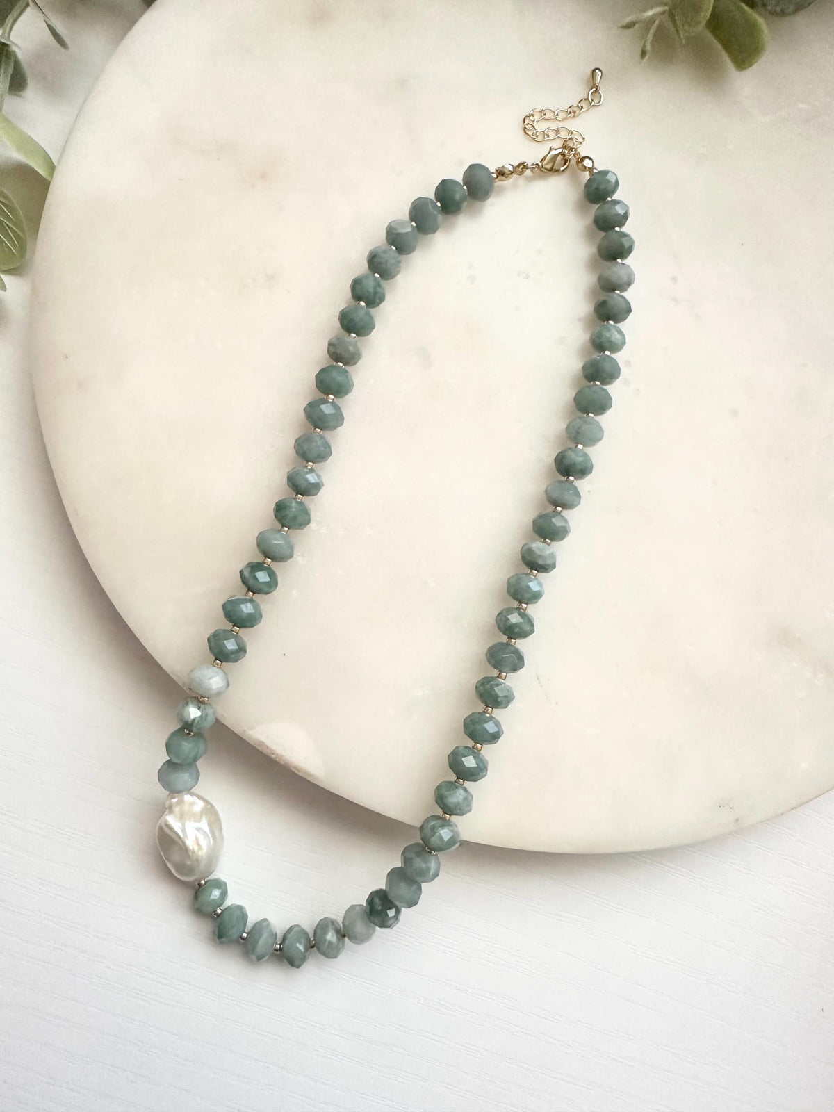Guatemalan Green Jade & Baroque Pearl Necklace | Gold Filled Gemstone Necklace