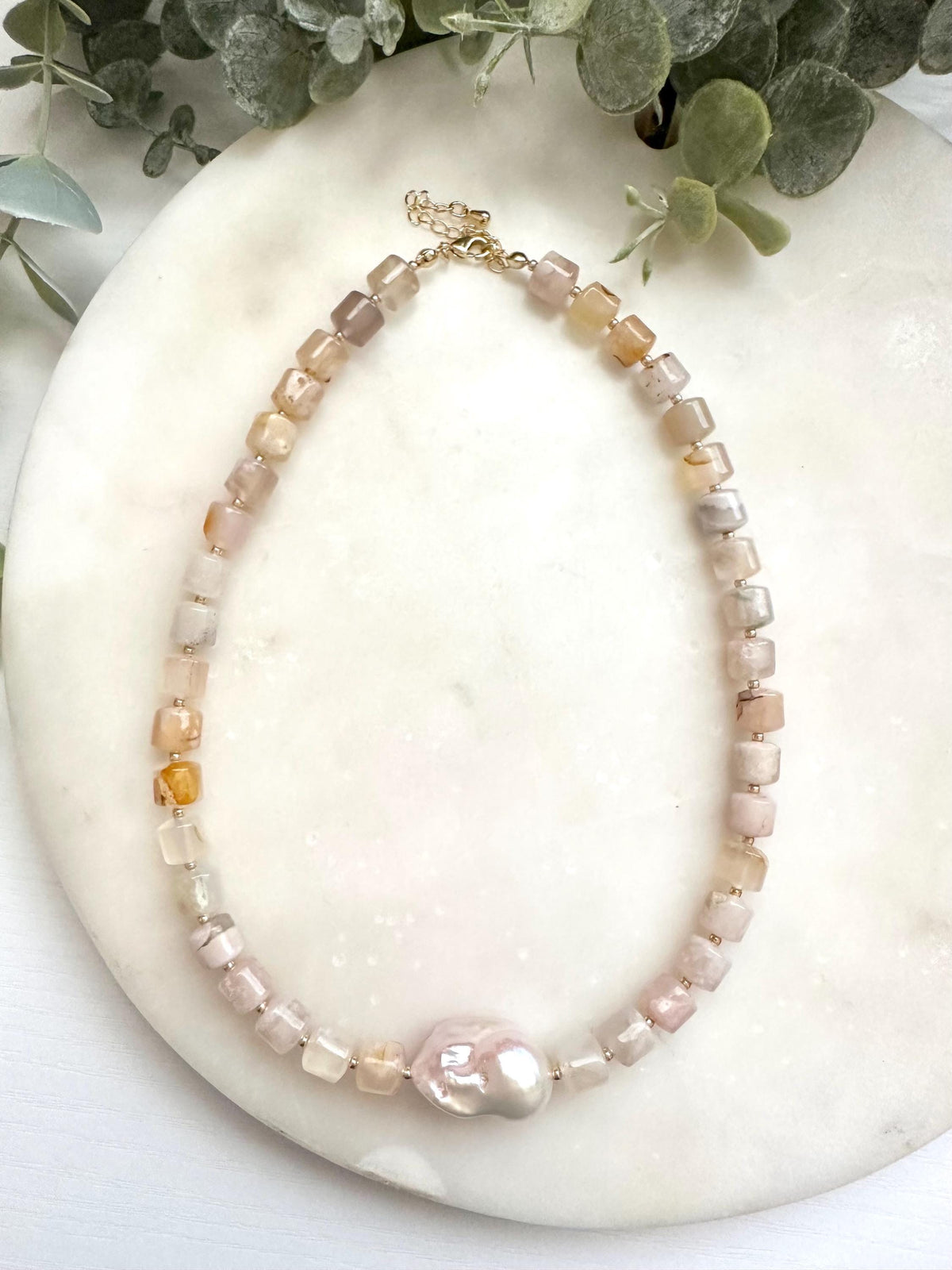Flower Agate & Baroque Pearl Necklace | Gold Filled Pink Gemstone Necklace