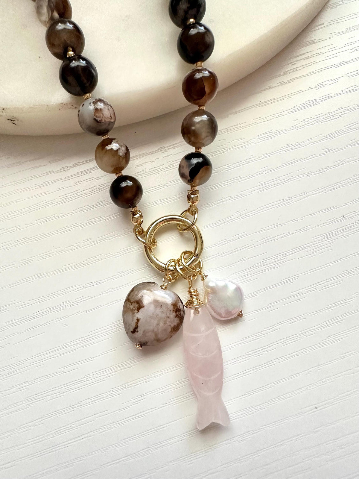 Black Sakura Agate Necklace with Rose Quartz Fish & Pearl | Gold Filled Carabiner Gemstone Necklace