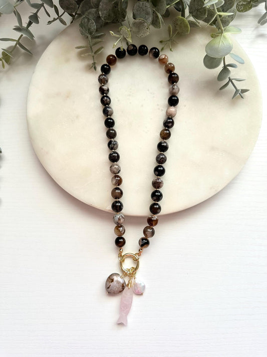 Black Sakura Agate Necklace with Rose Quartz Fish & Pearl | Gold Filled Carabiner Gemstone Necklace