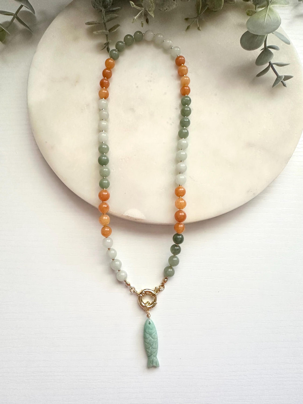 Jade Necklace with Amazonite Fish Pendant | Gold Filled Mariner Clasp Gemstone Necklace