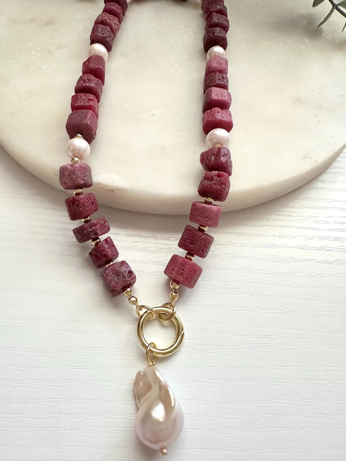Raw Ruby & Edison Pearl Necklace with Baroque Pearl Pendant | Gold Filled Statement Necklace