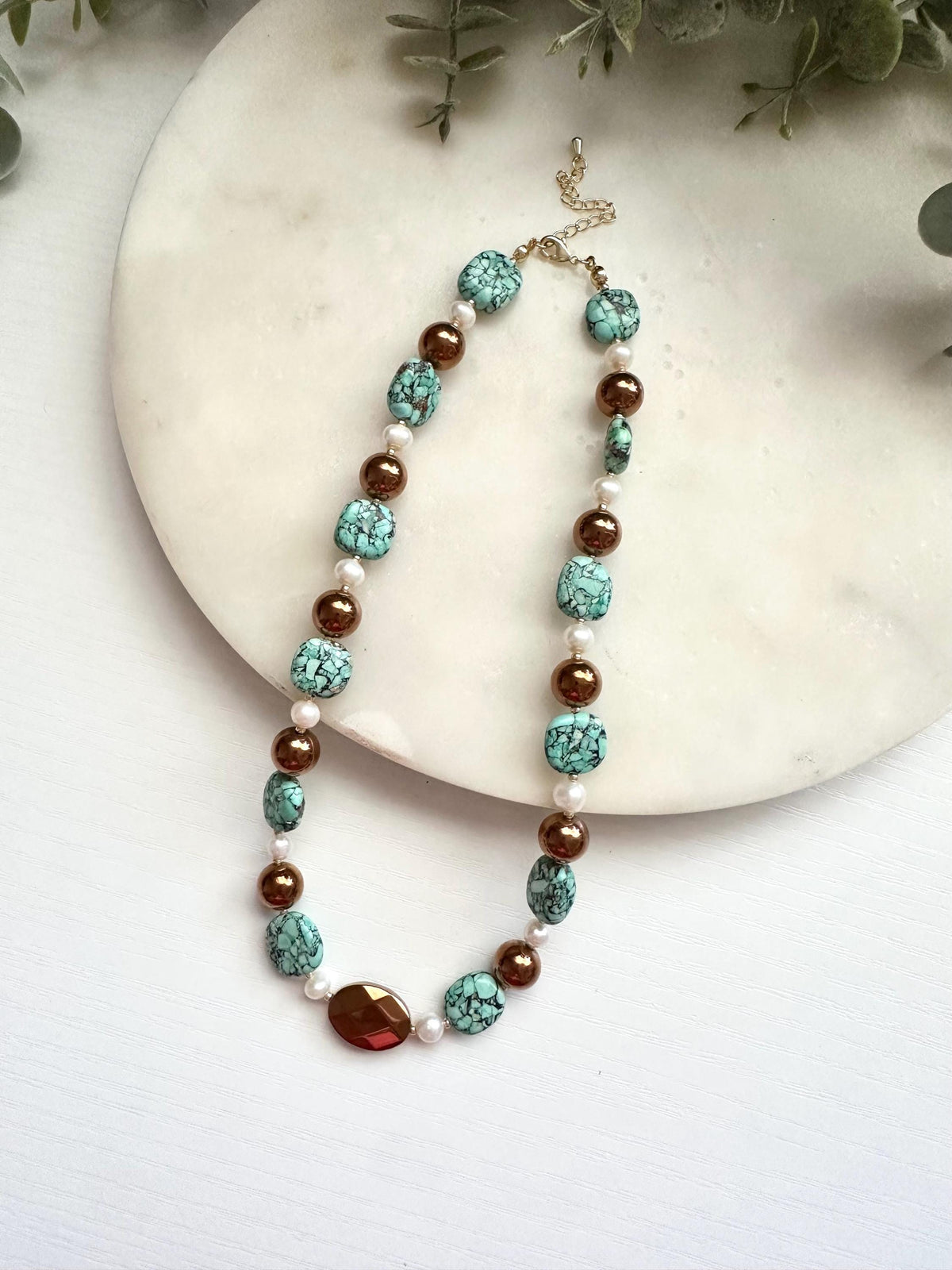 Reconstituted Turquoise, Pearl & Bronze Hematite Necklace | Gold Filled Gemstone Necklace