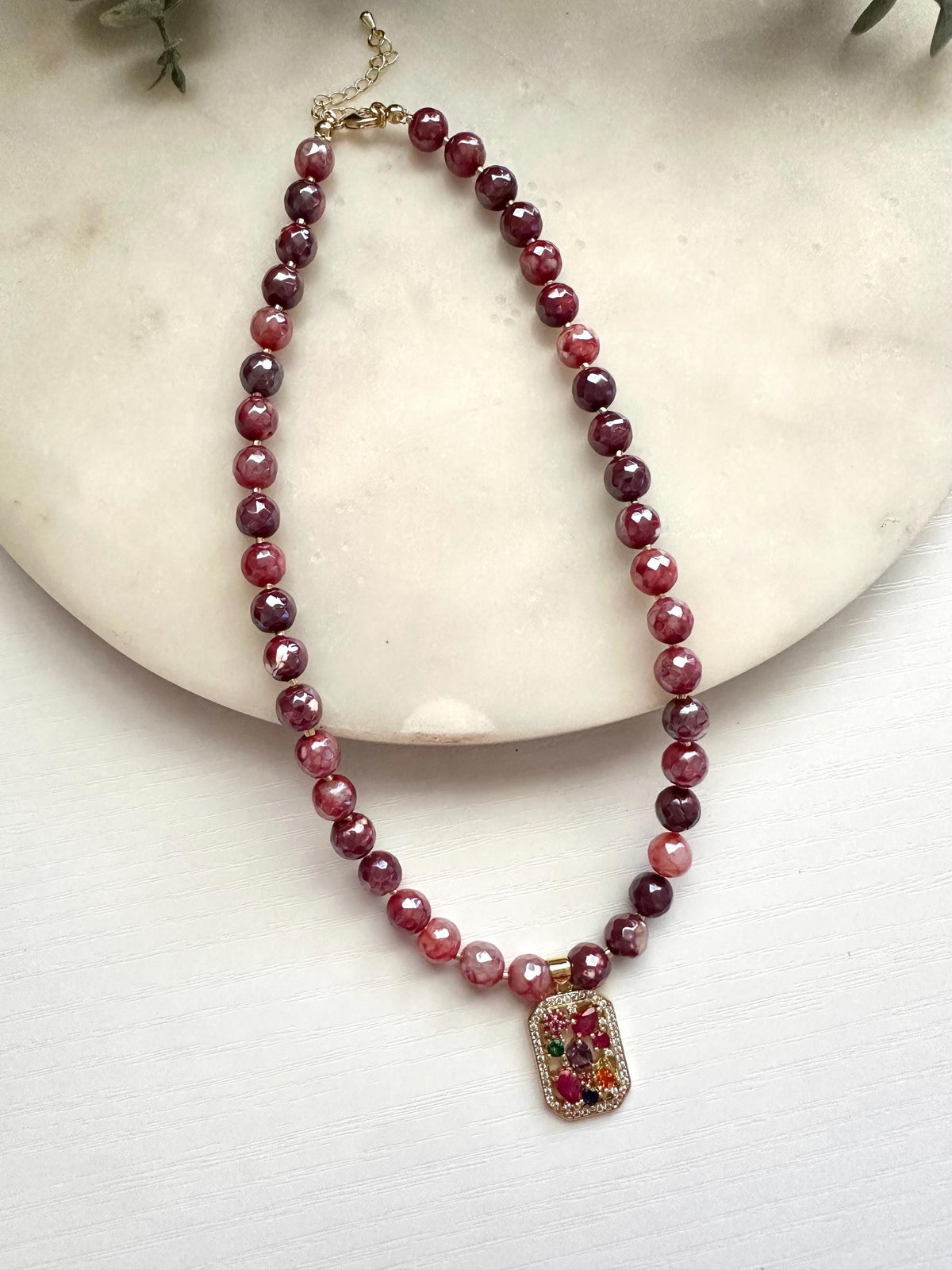 Mystic Red Fire Agate Necklace with Multicolor CZ Pendant | Gold Filled Gemstone Necklace