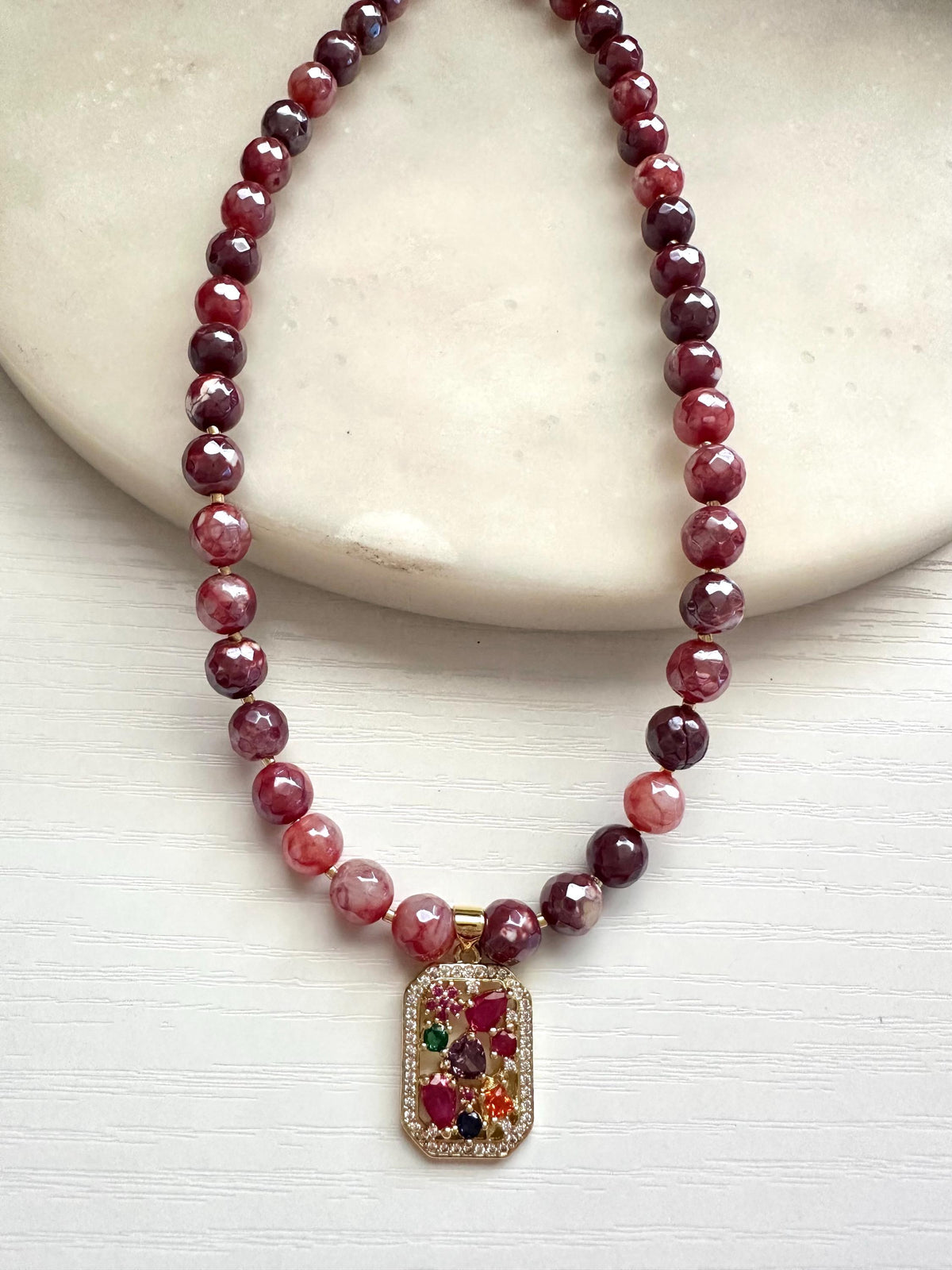 Mystic Red Fire Agate Necklace with Multicolor CZ Pendant | Gold Filled Gemstone Necklace