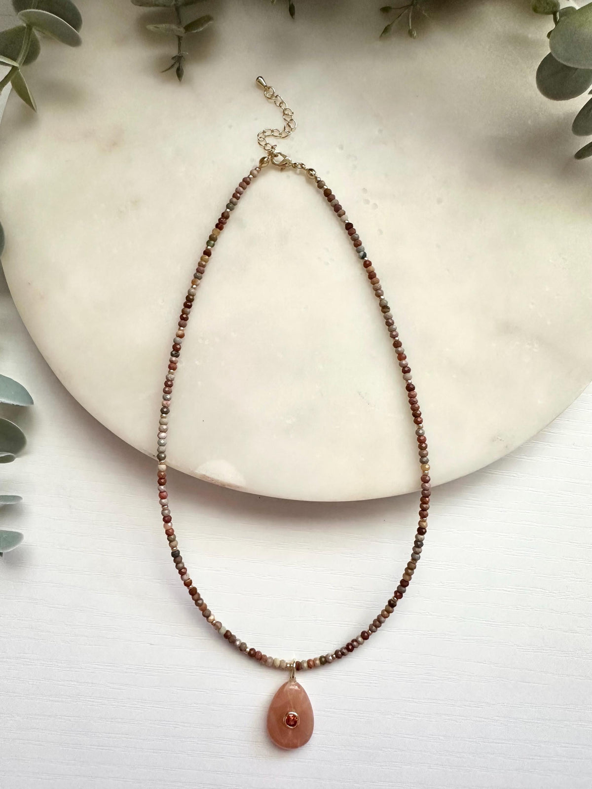 Alashan Agate Necklace with Peach Moonstone Pendant | Dainty Gold Filled Gemstone Necklace
