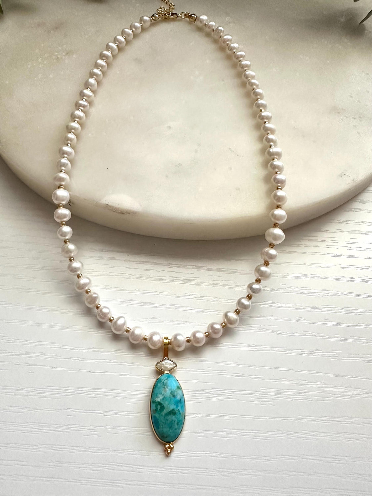 Kingman Turquoise & Freshwater Pearl Necklace | Gold Filled Pearl Gemstone Necklace