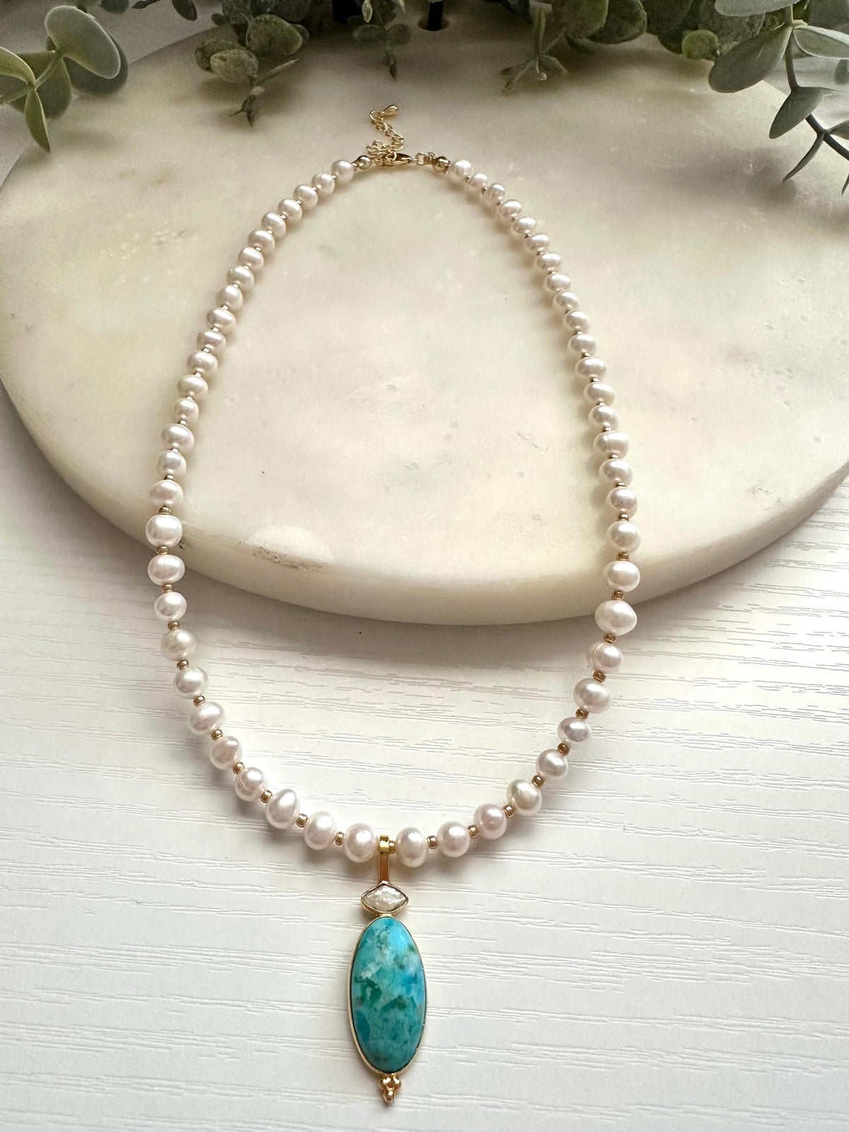 Kingman Turquoise & Freshwater Pearl Necklace | Gold Filled Pearl Gemstone Necklace