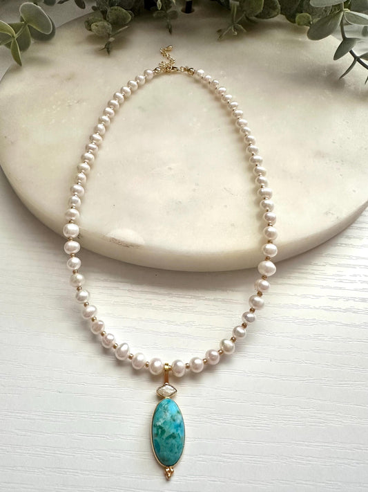 Kingman Turquoise & Freshwater Pearl Necklace | Gold Filled Pearl Gemstone Necklace