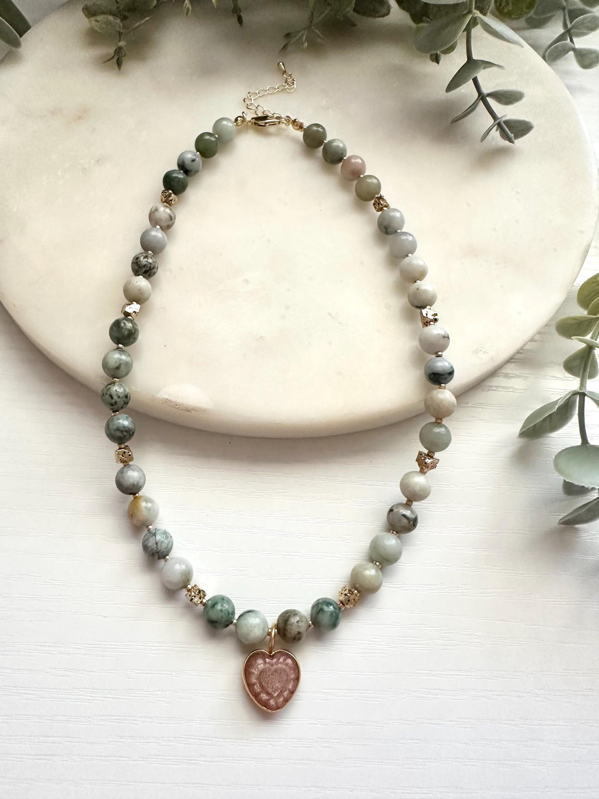 Natural Jadeite & Peach Moonstone Heart Necklace | Gold Filled Gemstone Necklace