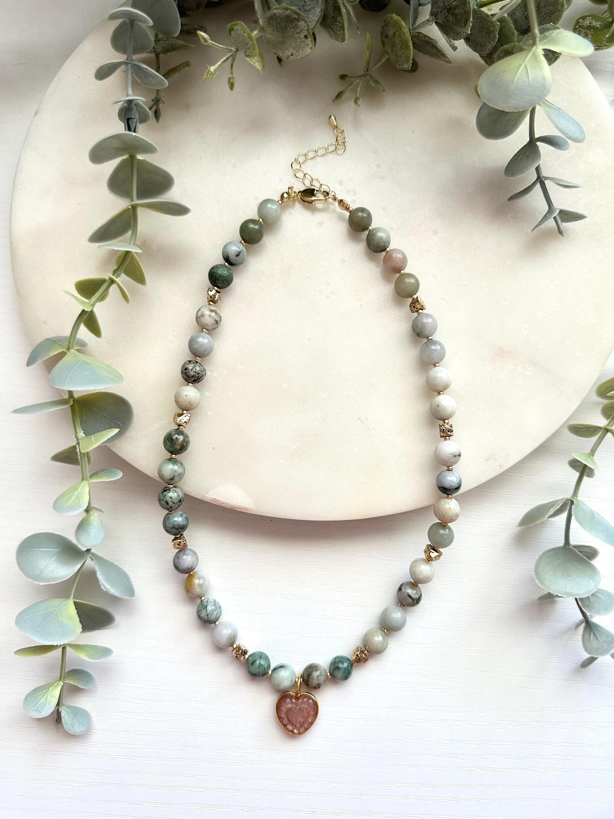 Natural Jadeite & Peach Moonstone Heart Necklace | Gold Filled Gemstone Necklace